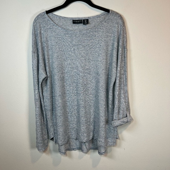 Adrienne Vittadini Striped Linen Tunic Top Blue White Roll Tab Sleeves Sz Small - Picture 1 of 14